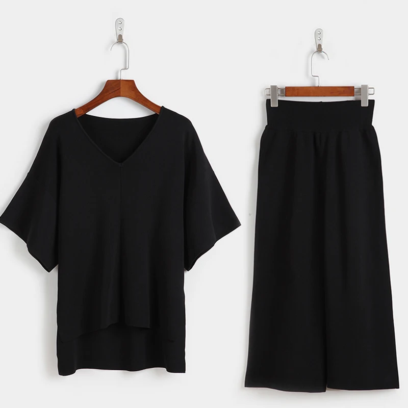 

High quality women's suit summer short-sleeved loose top + loose wide-leg pants ice silk knitted suit two-piece female