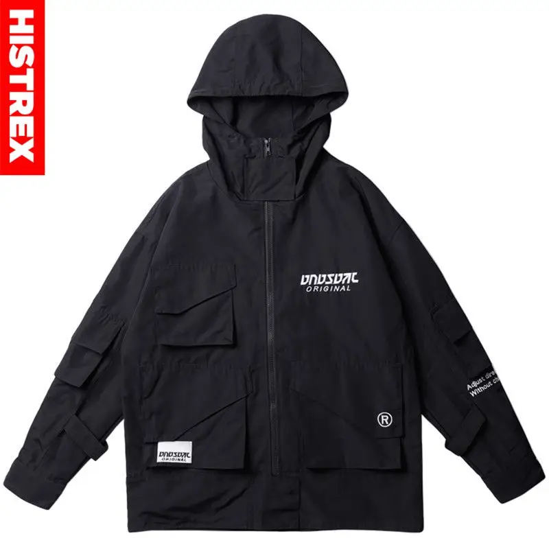 Мужская ветровка с капюшоном в стиле Харадзюку повседневная черная куртка