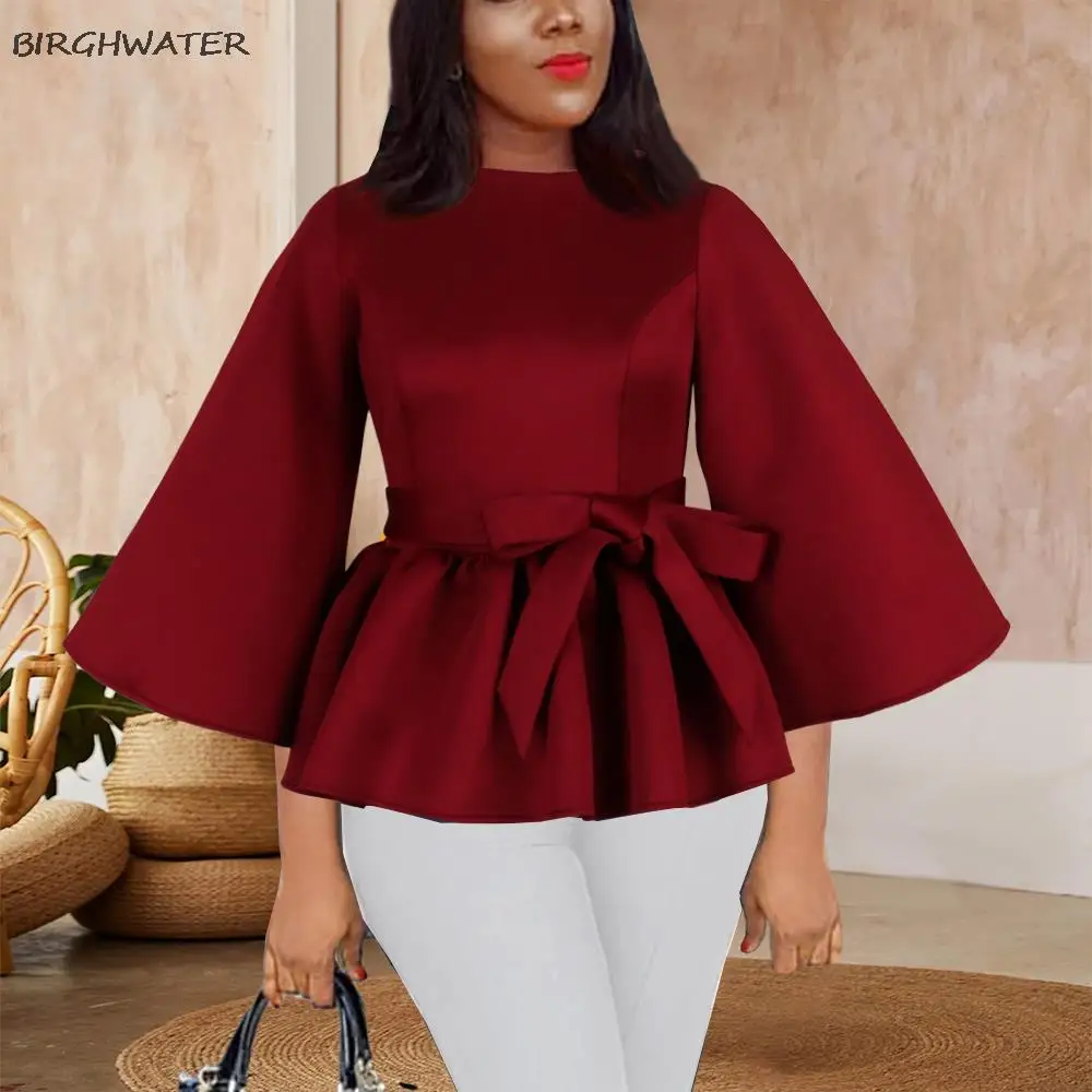 

Women Blouses Long Flare Sleeves Peplum O Neck with Waist Belt Elegant Shirts Autumn 2021 New Fashion Bluas African Female Tops