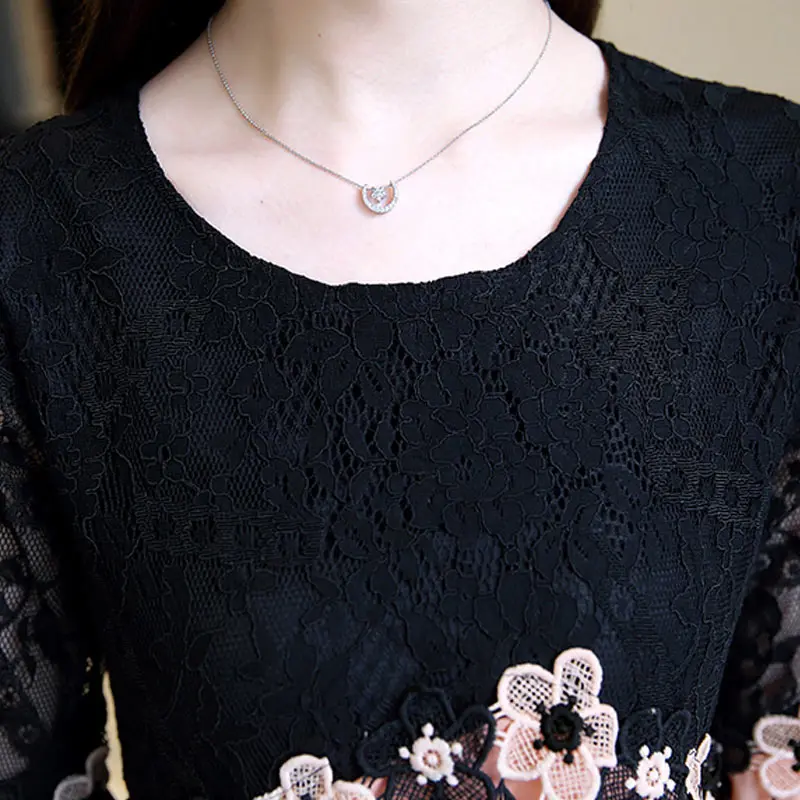 

Pop Women Spring Chiffon Shirts Loose Trumpet Sleeves Lace Patchwork Round Neck Tops Pop 88
