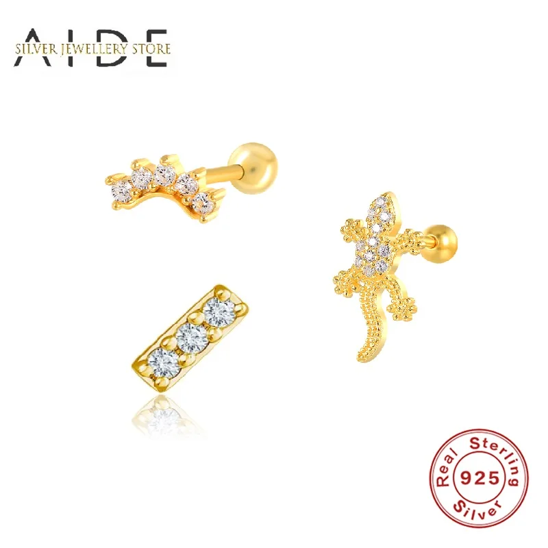 

AIDE 1 Pc 925 Sterling Silver Stud Earrings For Women Luxurious Zircon Gecko/Geometric Piercing Earings Fine Jewelry brincos