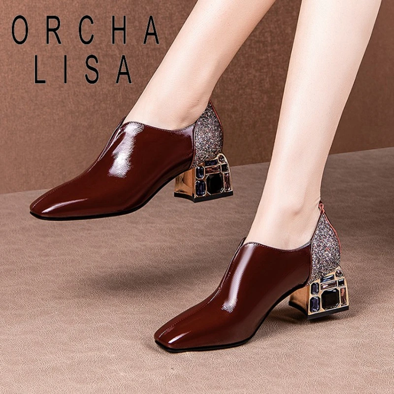 

ORCHA LISA Womens Pumps Square Toe 5.5cm Bling Block Heels Genuine Leather Patchwork Big Size 42 Casual Summer B2322