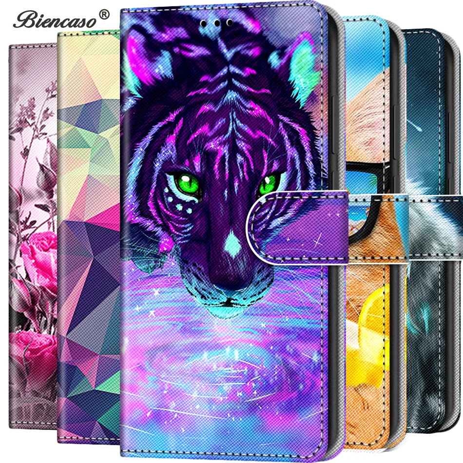 Кожаный чехол книжка с кошкой и львом для Samsung Galaxy S5 S6 S7 S8 S9 S10 Plus S10E Grand Prime G530 J120 J3 J510