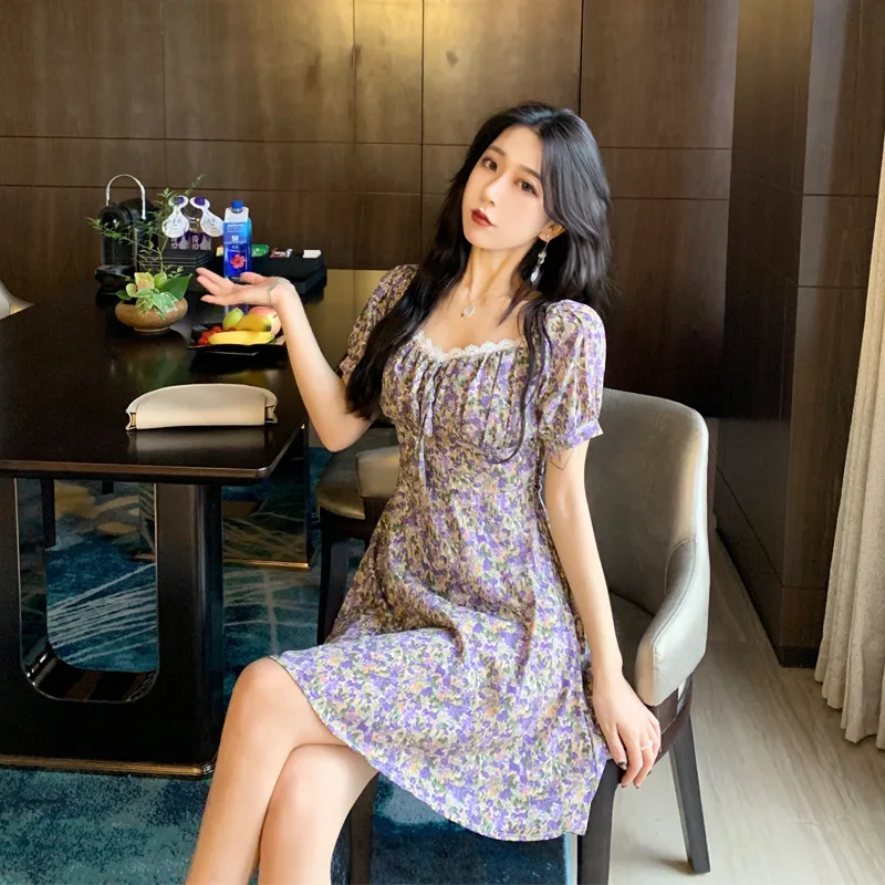 

2021 Women Chiffon Floral Printed Dress Summer Korean Casual Fashion Square Collar A-line Dresses Sundress Holiday Mini Vestidos