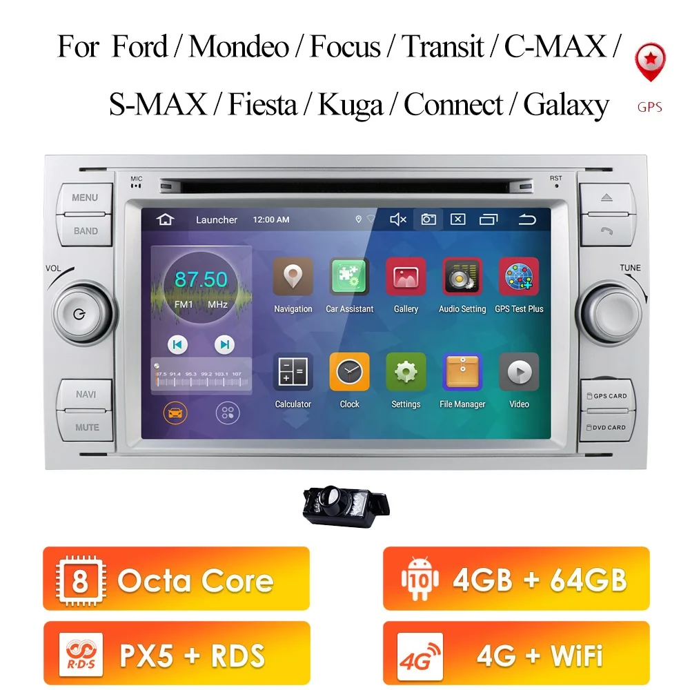 Автомагнитола 2 din 4 Гб + 64 ГБ IPS Android 10 для Ford Focus 3 mk2 Mondeo Kuga Fiesta Transit Connect S-MAX C-MAX