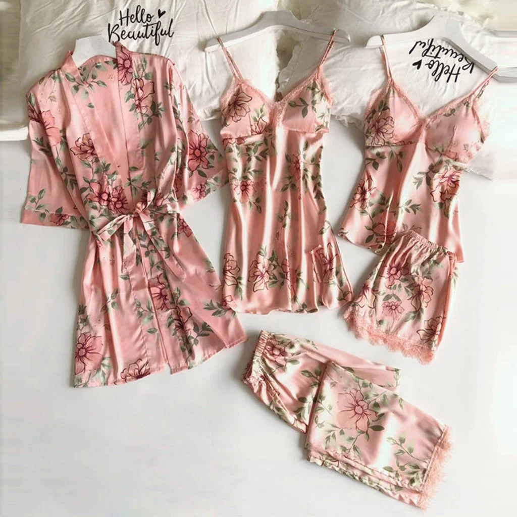 

Women Satin Summer Night Clothes Pack Kant Trim Pyjamas Set Print Flowers Night Clothes Casual Women Homewear Lingerie Pack
