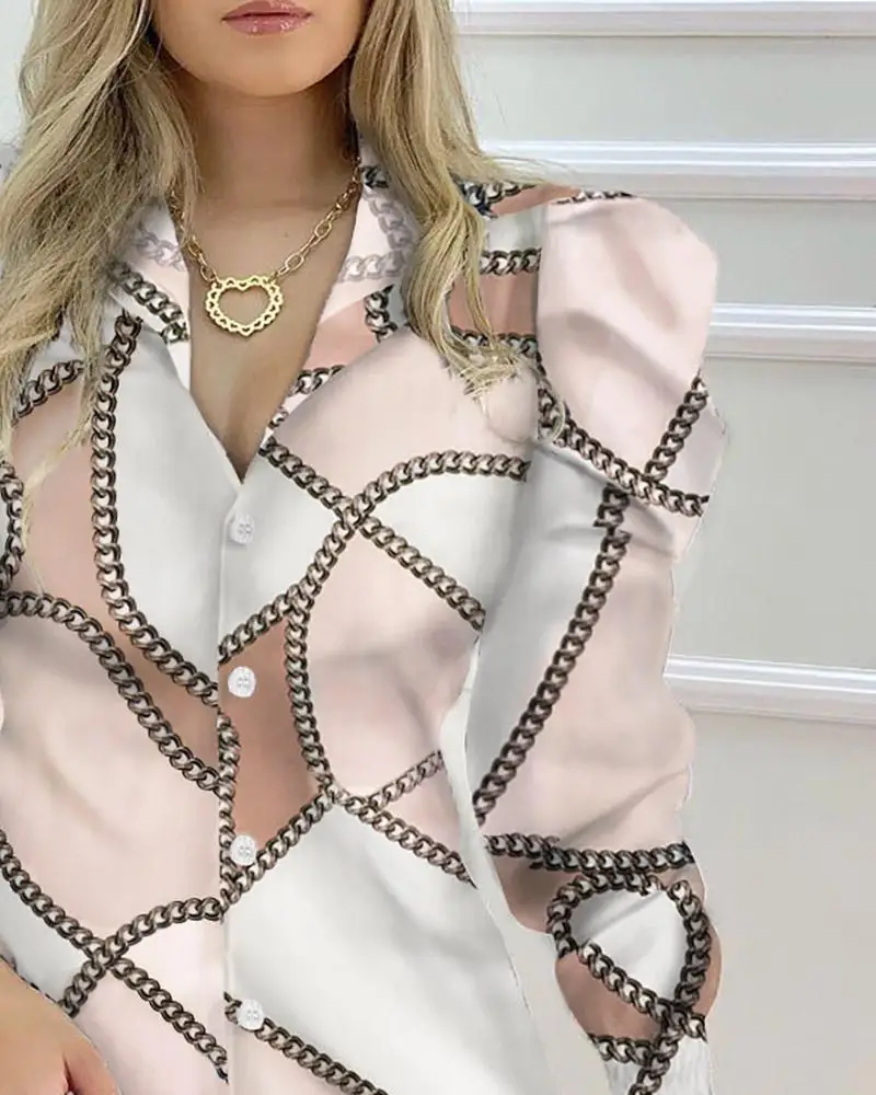 

Chain Print Puffed Sleeve Shirt Dress Workwear Women Button Design Turn-down Collar Casual Dress