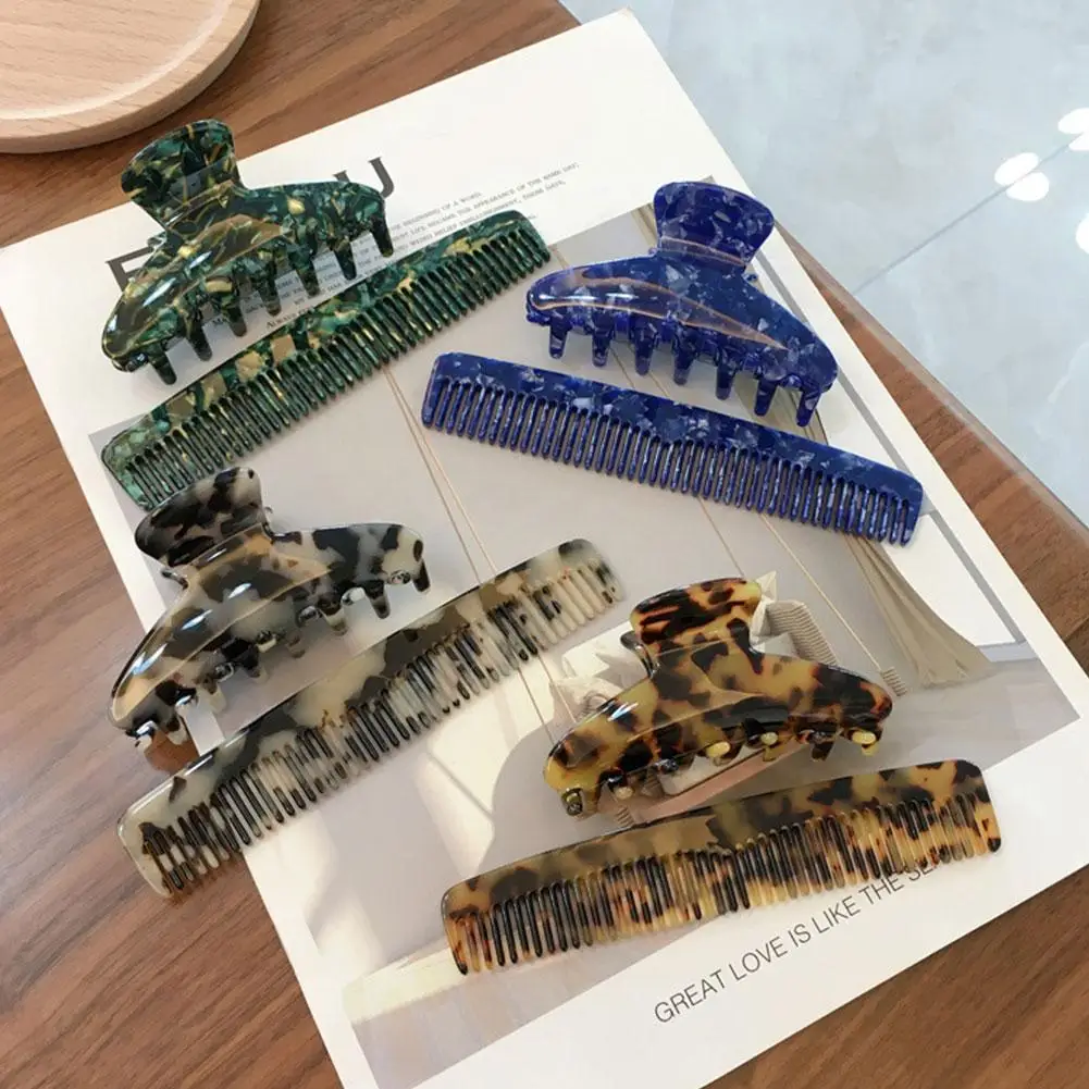 

2pcs Sweet Cellulose Acetate Hair Claw Clip with Head Comb Set Leopard Marble Stone Geometric Hairpin Barrette