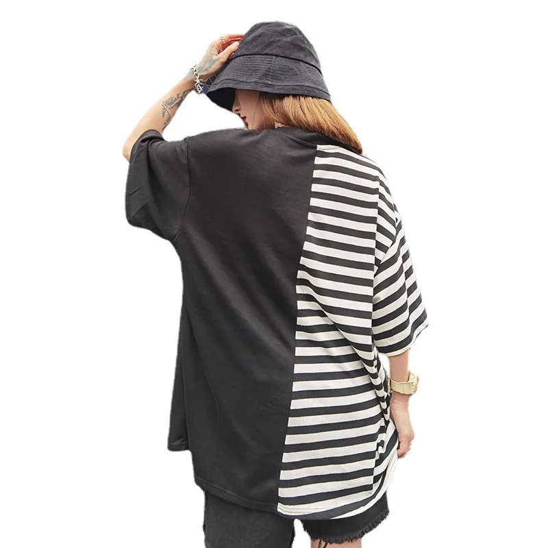 

Vefadisa Plus Size Women Striped Patchwork T Shirt 2021 Summer Women Cartoon Printed T Shirt Female Casual T Shirt ZQY097C