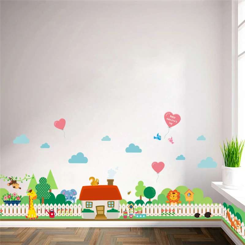 

Animal Village House Wall Stickers Kids Room Decor Diy Plant Safari Giraffe Fox Mural Art Home Decal Baseboard Poster