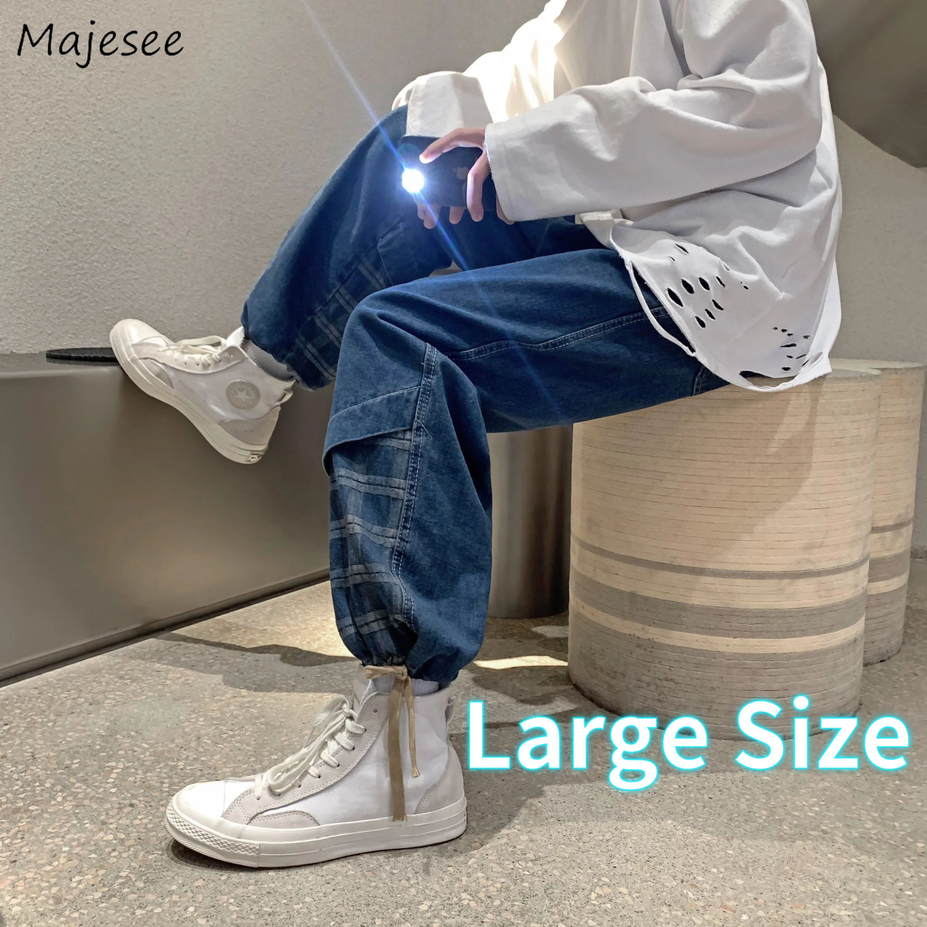 

Ankle-Tied Jeans Men Spliced Plaid Denim Straight Loose Trousers Male Handsome BF Fashion Streetwear Vintage Casual Pantalones