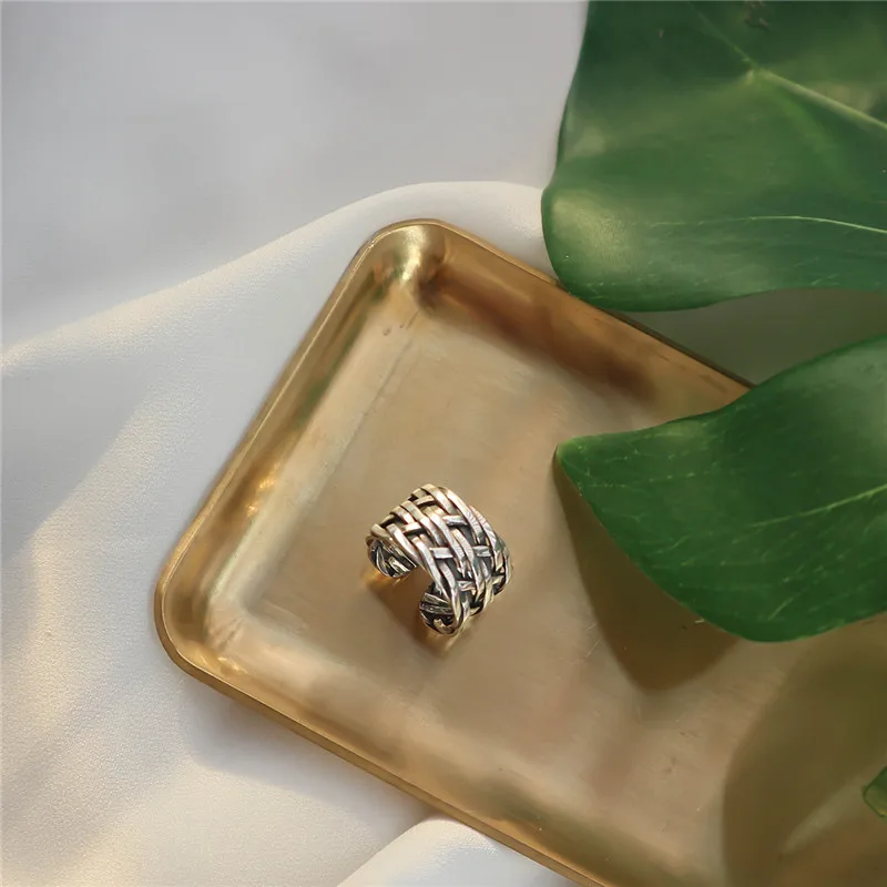 

POFUNUO Real 925 Sterling Silver Personalized Women Weaving Rings Make Old Distressed Lines weaving Niche Rings Chic Female Ring