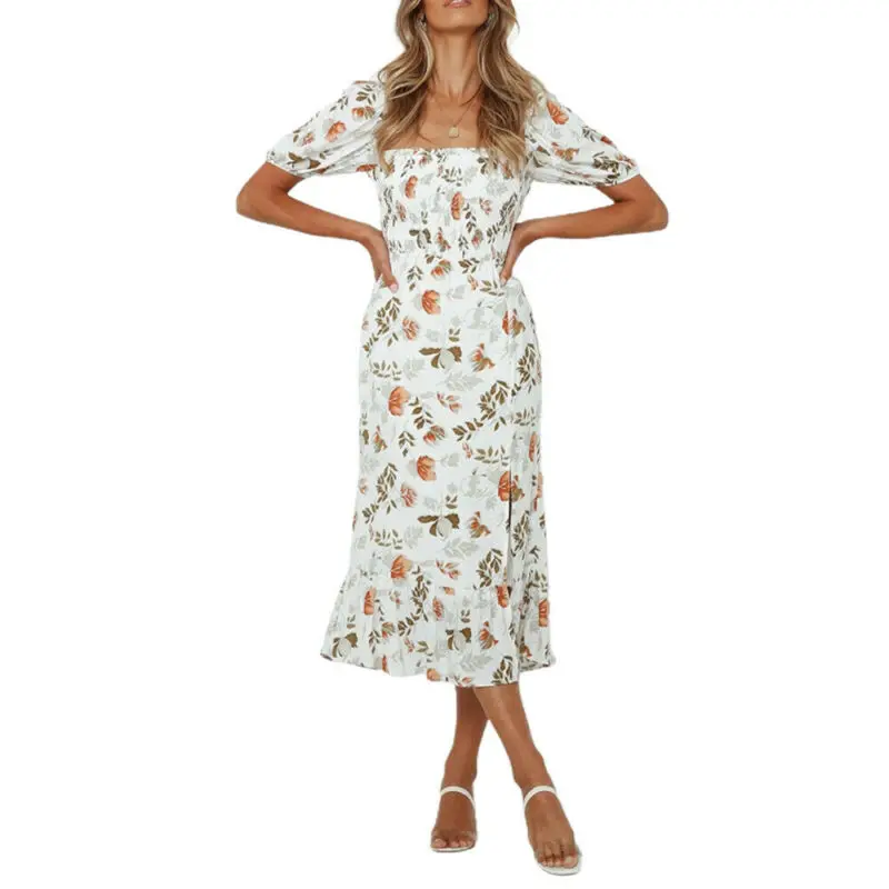 

Womens Short Sleeve Flower Print Slim Sexy Ladies Midi Long Dresses Causal Dress