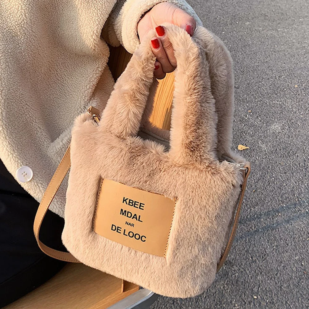 

Designer Soft Plush Tote Women Handbags Brands Faux Fur Bags for Women Shoulder Bag Winter Fluffy Crossbody Bag Small Purse 2022