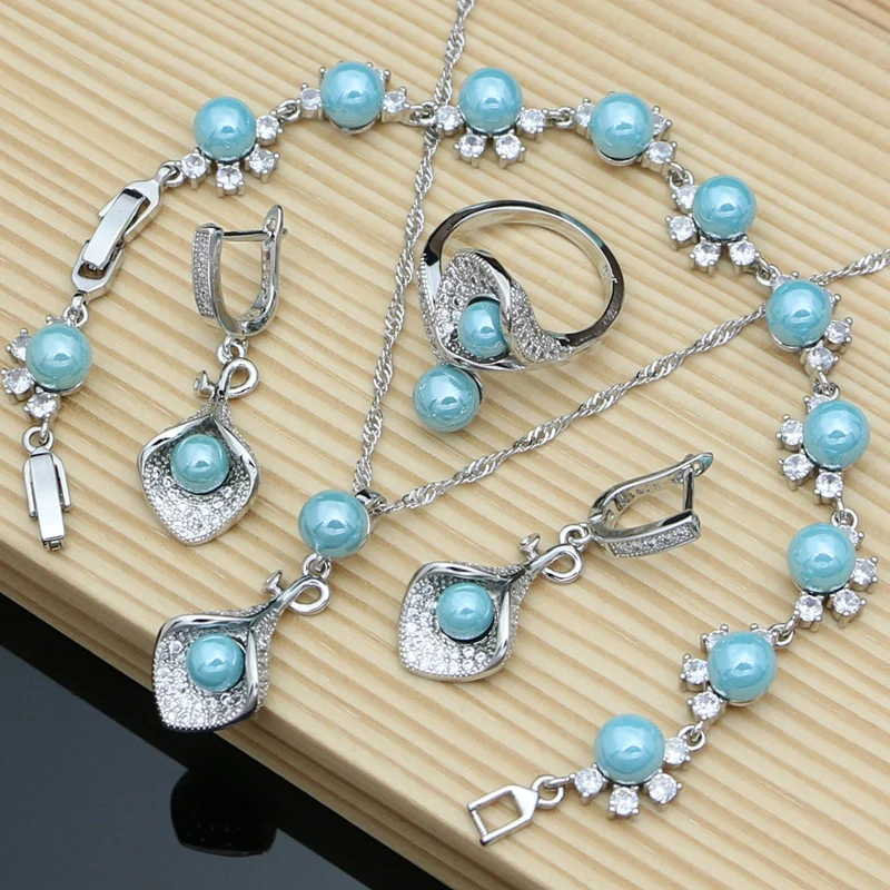 

Sky Blue Pearl Silver 925 Jewelry Set Beads Bracelet Earring Ring Necklace Set Best Gift for Women/Mom/Wife/Sister/Best Friend