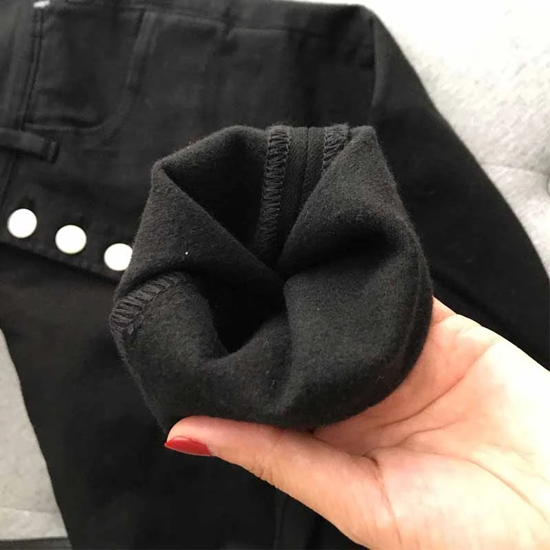 Skinny Jeans High Women Waist Black Casual Elastic Slim Denim Jeans Single Breasted Golden Buttons Fit Pencil Pants