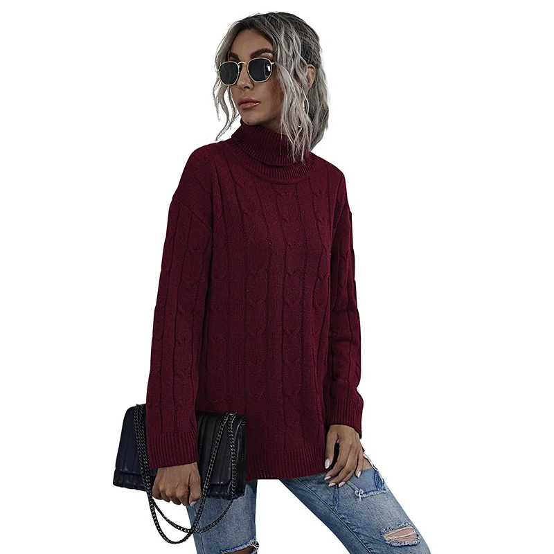 

Turtleneck Burgundy Loose Knitted Pullover Women's Sweater For Women Split Side Long Sleeve Streetwear Female Autumn Winter 2020