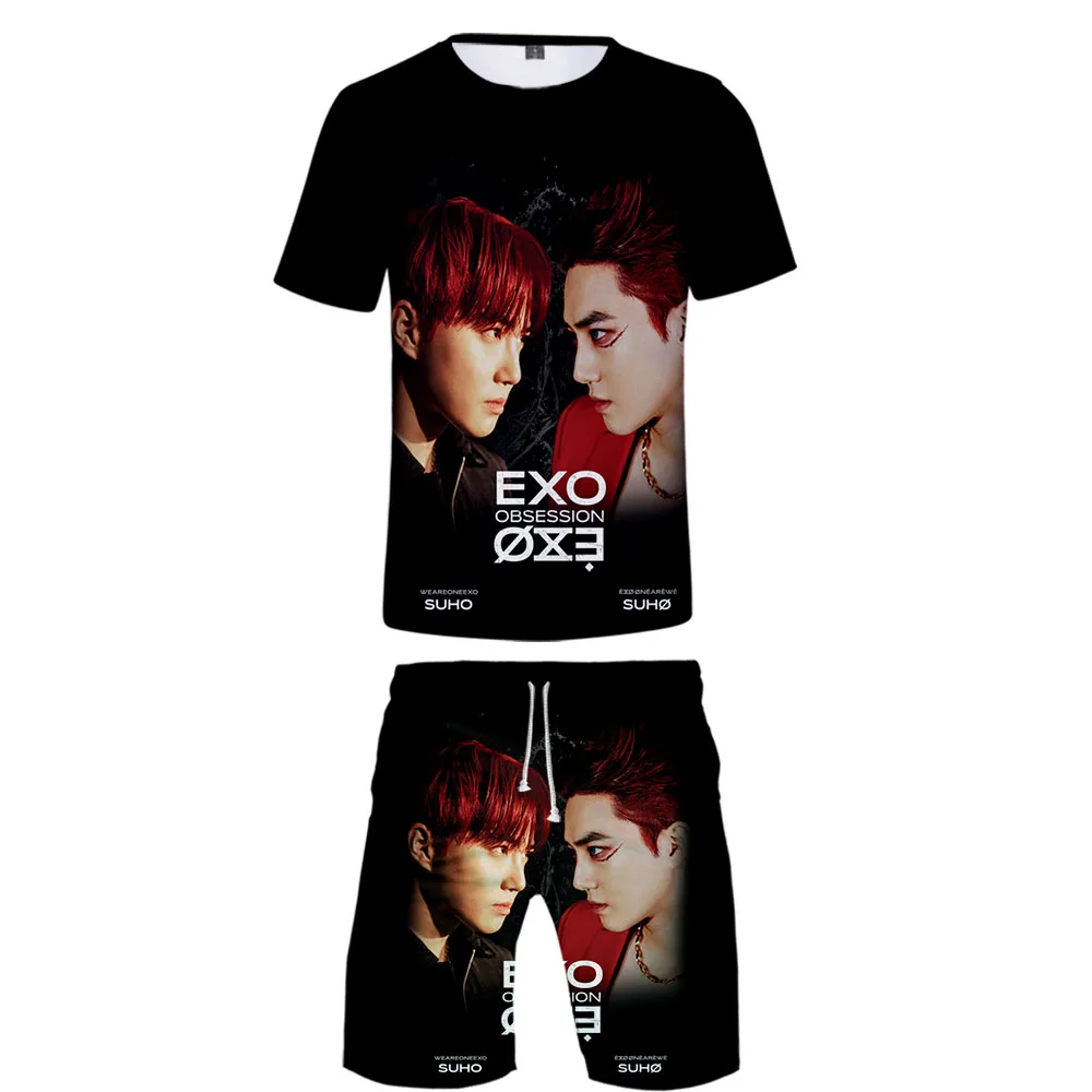 

Singer Idol EXO Never Broke Again 3D Man 2 Set Summer Popular Hip Hop Fashion High Street T-shirt Shirt+Short Pants Sets