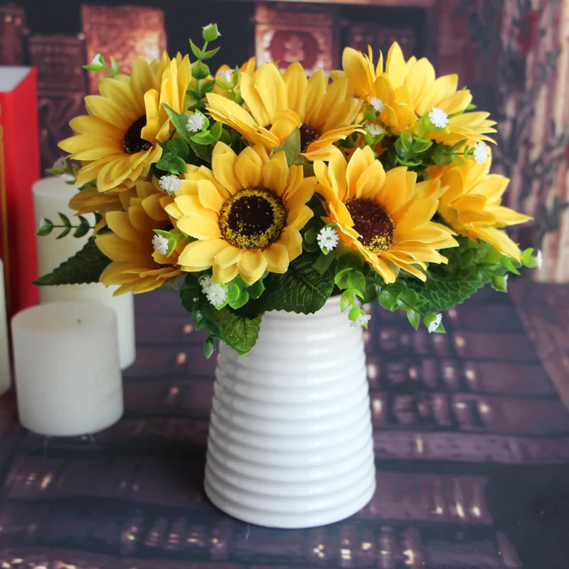 

Cute 1 Bunch 7 Heads Sunflower Silk Artificial Flower Bouquet For Home Wedding Decoration Living Room Party Table Window Decor