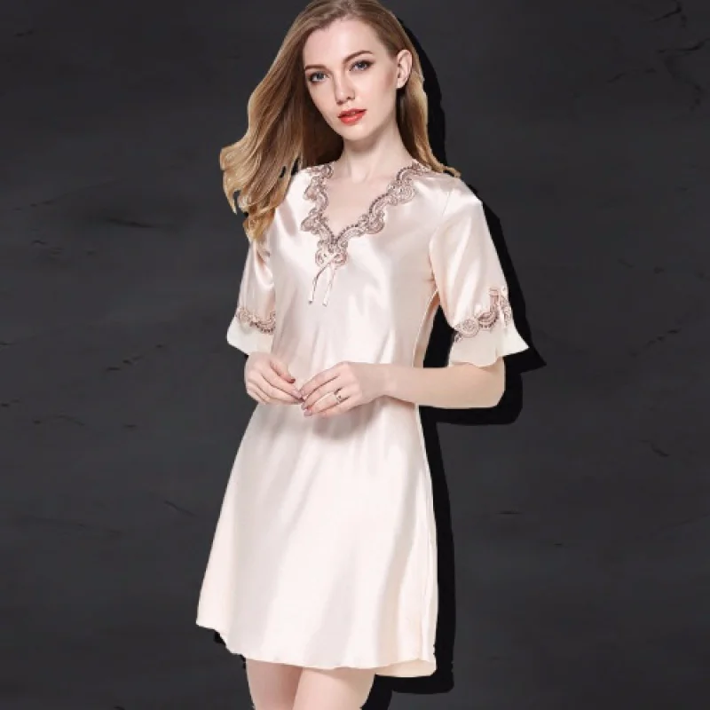 Lace Night Dress Sexy Silk Satin Sleepwear Short Sleeve Nighty V-neck Nightgown Lace Nightwear Women Summer Home Soft Clothing