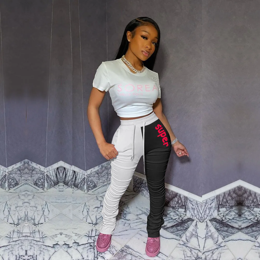 

SUPER Letter Print Contrast Color Patchwork Drawstring Pleated Leggings Women Casual Pocket Long Pants Jogger Sweat Pants