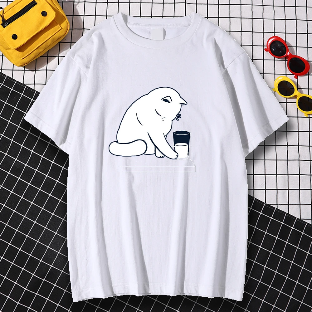 

Kohpweran Fashion Loose Cat Drinking Water Print Mens Clothes Vintage Oversize T-Shirt Tops Pattern Tee Clothes Men Summer
