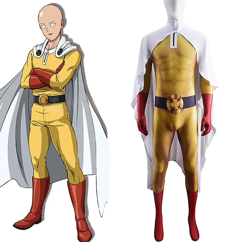 

One Punch Man Cosplay Costumes For Man Kid Saitama Anime Cosplay Bodysuit Superhero Halloween Jumpsuits Outfits with Cloak/Cape