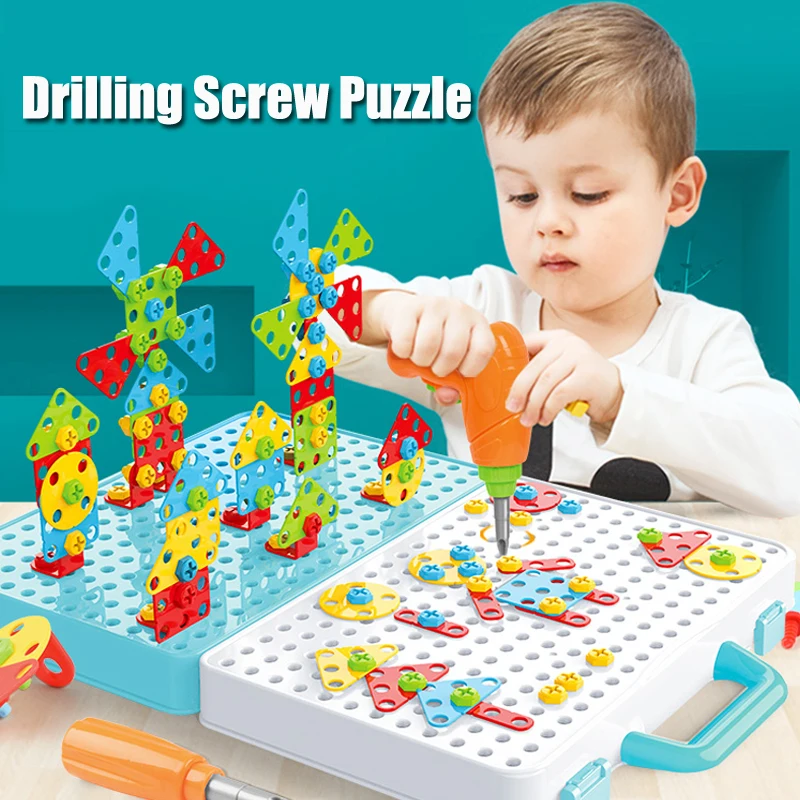 

Drilling Screw 3D Creative Mosaic Puzzle Toys For Children Building Bricks Toys Kids DIY Electric Drill Set Boys Educational Toy