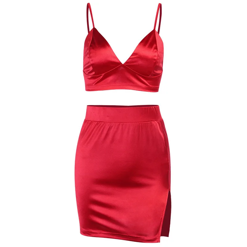 Женский атласный комплект Sytiz из двух предметов укороченный топ и мини юбка