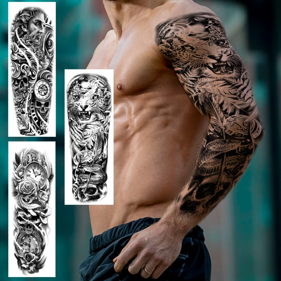 

Large Tiger Leopard Snake Temporary Tattoos Sleeve For Men Women Compass Rose Full Arm Fake Tattoo DIY Transfer Tatoo Sticker