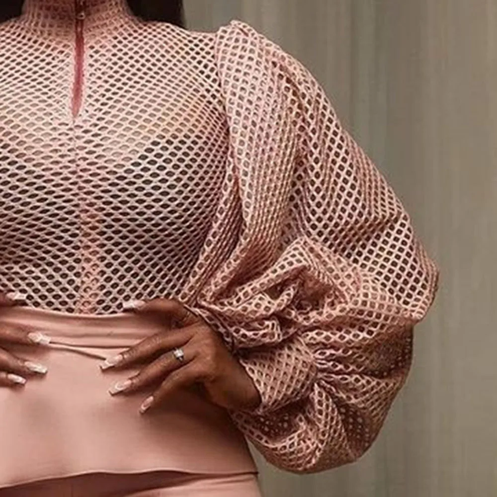 

2021 African Fashion Women Blouse Sexy See-Through Pullover Zipper High Waist Spring Top Office Lady Plus Size Young Female