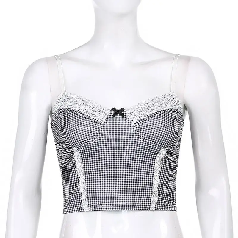 

Lace Plaid Ribbed Y2K Top Women Summer Sexy Backless V-neck Bow Short Camisole Casual Spaghetti Strap Solid Camis