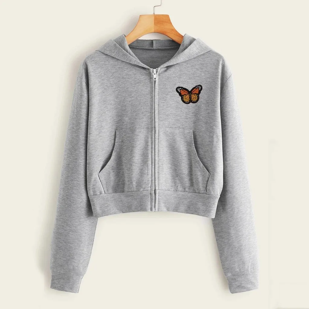 Hooded Sweatshirts Women Embroidery Butterfly Long Sleeve Zipper Pocket Shirt Hooded Sweatshirt Top Sudadera Mujer Zip Up Hoodie