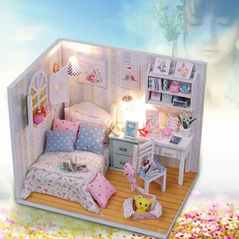 Diy деревянный кукольный дом миниатюрная кровать со светодиодным светильник