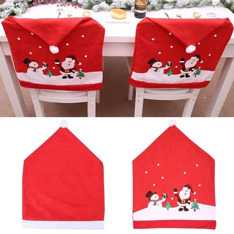 

Christmas Chair Covers Santa Claus Cotton Elastic Stretch Cover Table Red Hat Chair Back Cover Christmas Xman Home Decorations