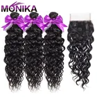 Monika волосы перуанские волосы с закрытием волна воды пучки с закрытием не-Remy натуральные человеческие волосы плетение 3 пучка с закрытием