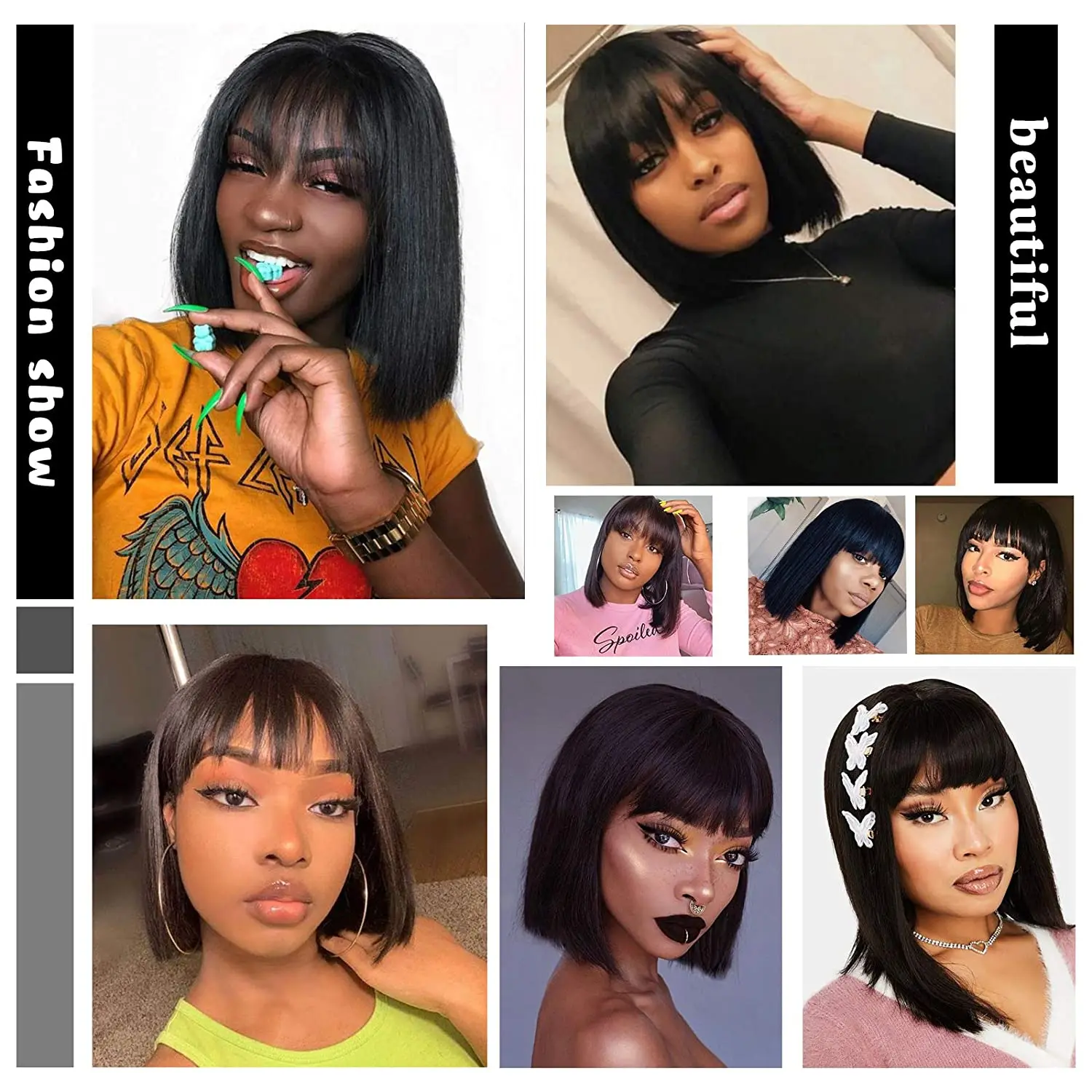 

Short Black Bob Wig with Bangs Synthetic Straight Hair Bob Wigs for Black Women 10 12 14 inch None Lace Frontal Wig