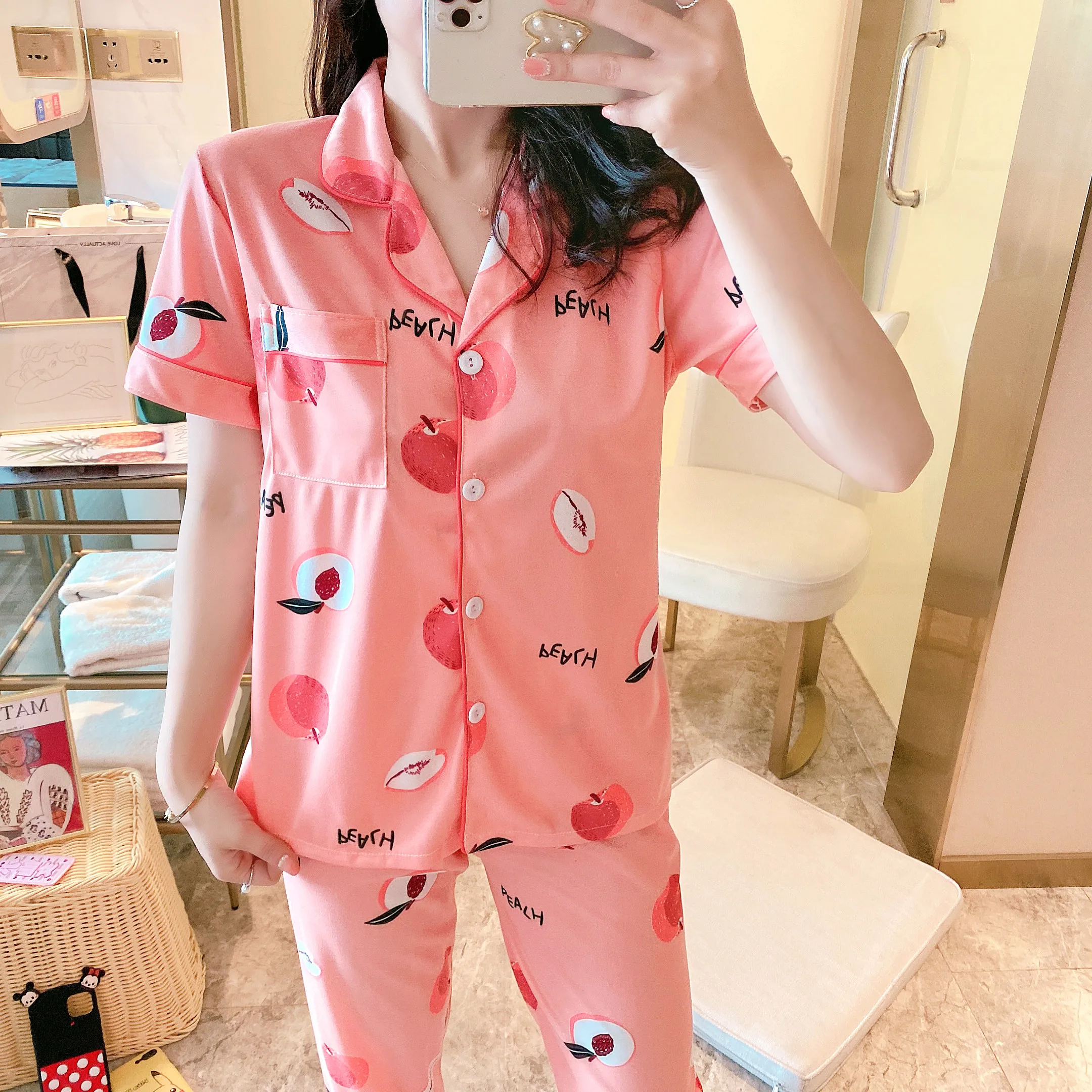 

Summer Women Short Sleeve Pajamas Set Trousers Top Sleepwear Two Piece Home Pyjamas Suit Blue Pineapple Lapel Cardigan Pajama