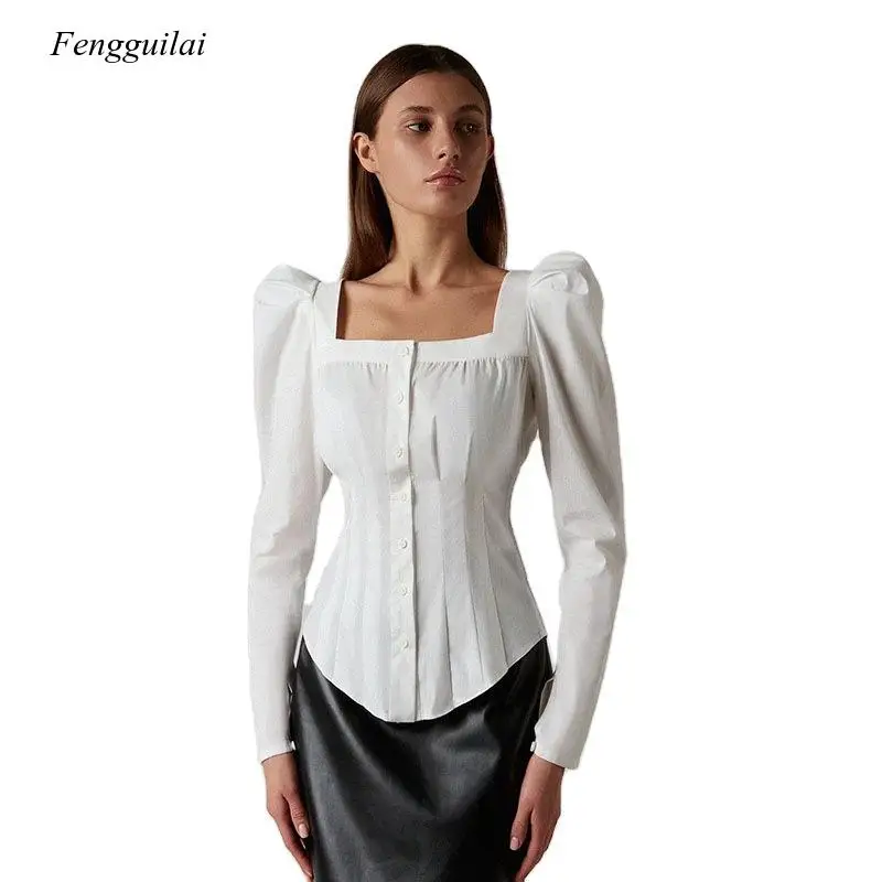 Fashion Square Collar Ruched Women Blouse Shirt Single-Breasted Button Puff Sleeve Office Lady Blouse Top Elegant Female Blouse