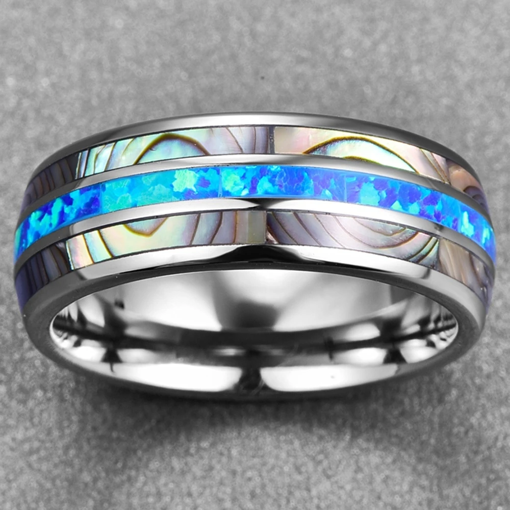 

8mm Stylish Modern Stainless Steel Ring Accessories Inlaid With Blue Opal Abalone Shell Unisex Wedding Ring Anniversary Gift
