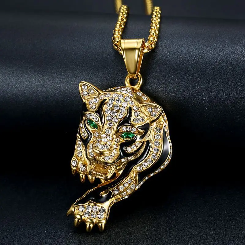 

European And American New Hip Hop Hiphop Titanium Steel Gold Plated Diamond Leopard Head Pendant Necklace
