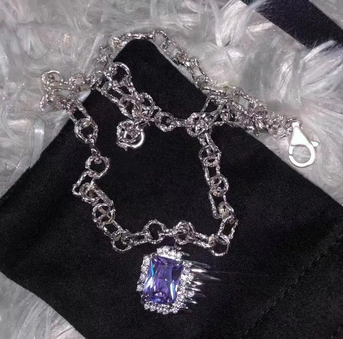 

Ripple series liquefied square gem pendant necklace with purple zircon stacked neutral chain