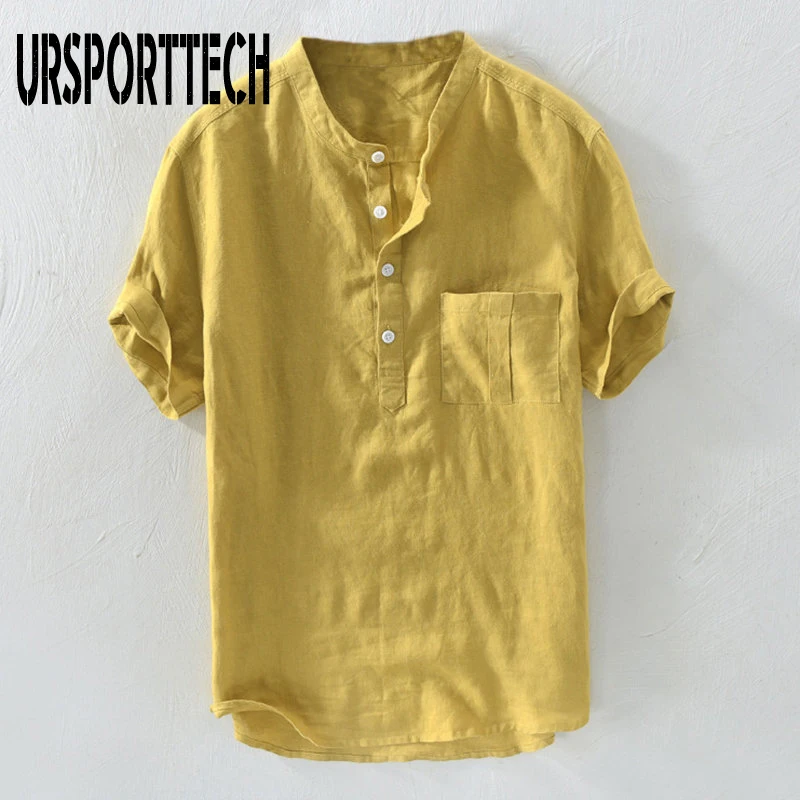 URSPORTTECH 2020 New Fashion Men's Cotton Linen Shirts Short Sleeve Summer Tee Casual Breathable Man Tops Blouse Plus Size M~4XL
