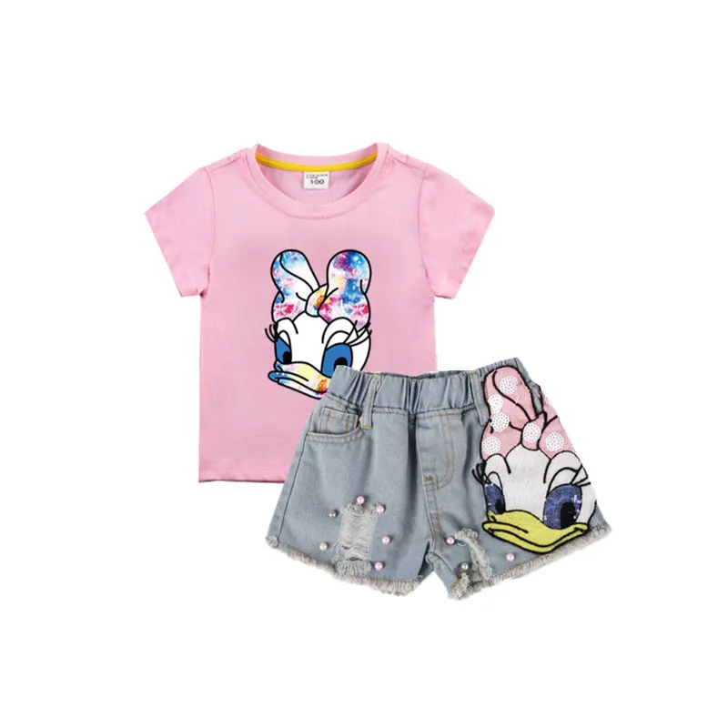 

Summer Kids Clothes Cartoon Daisy Duck Shirt&Sequin Embroidery Broken Hole Denim Shorts Pretty Party Little Girls Outfits Set