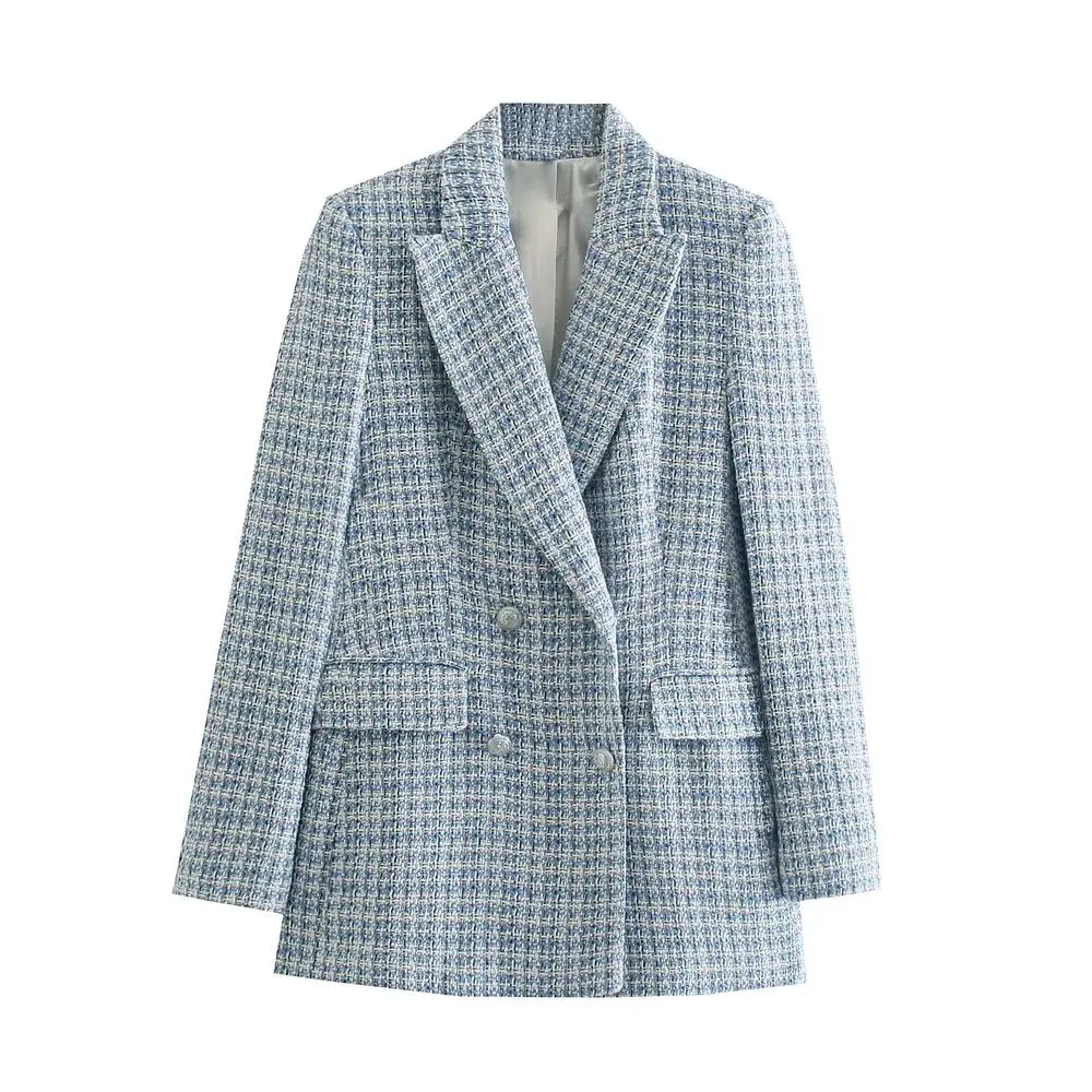 

Women Texture Double Breasted Check Blazer Coat Vintage Long Sleeve Pockets Female Outerwear Chic Veste Winter Clothes Women
