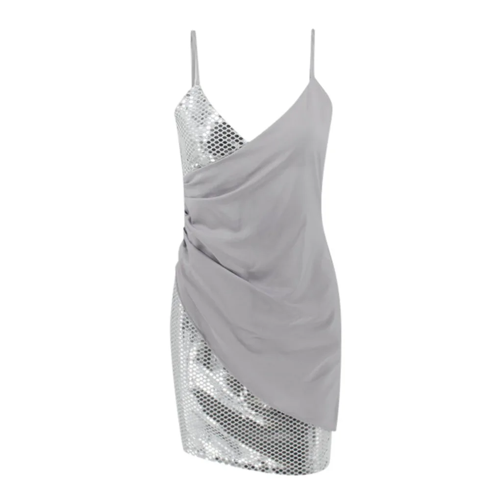 Соблазнительное коктейльное мини-платье без рукавов с серебристыми блестками и V-образным вырезом, короткое лоскутное коктейльное платье н... от AliExpress WW