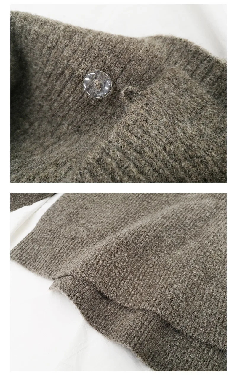 

2021 Early Spring Oblique Button V-neck Gray Long Sleeves Loose Women Sweater