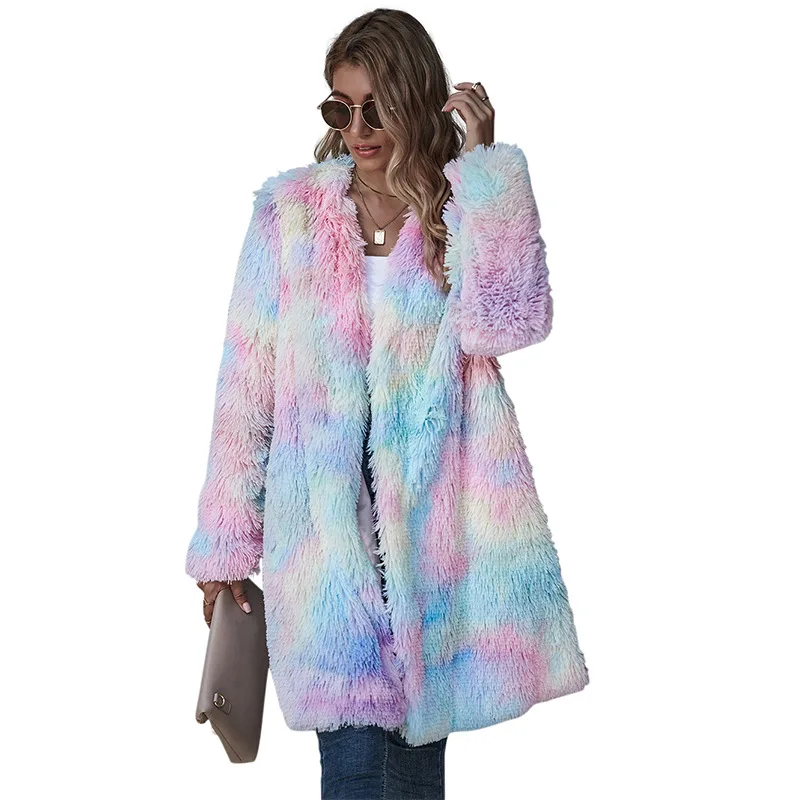 

European and American fashion autumn women's plush color tie-dye long long sleeve jacket Stylish and elegant ladies jacket