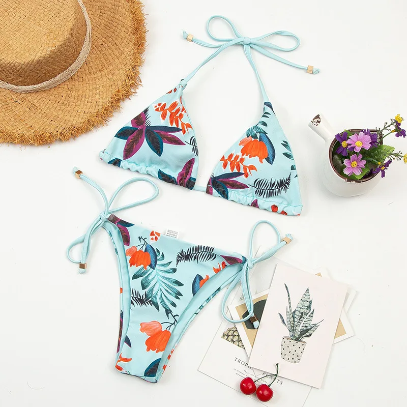 

MYTENG Retro Print 2 Piece Set Bikini Sexy Triangle Push Up Swimwear Women Summer Micro Mini Thong Swimsuit Biqiuni Beachwear