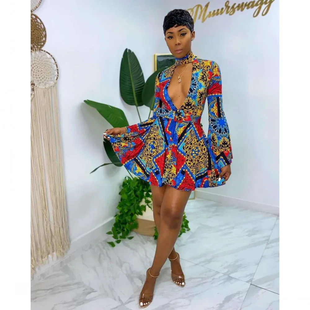 

African Women's Long-Sleeved Dress + Belt Casual Wear Sexy Bare Chest Shirt Mini Skirt Dashiki Print Vintage Summer Dress 2021